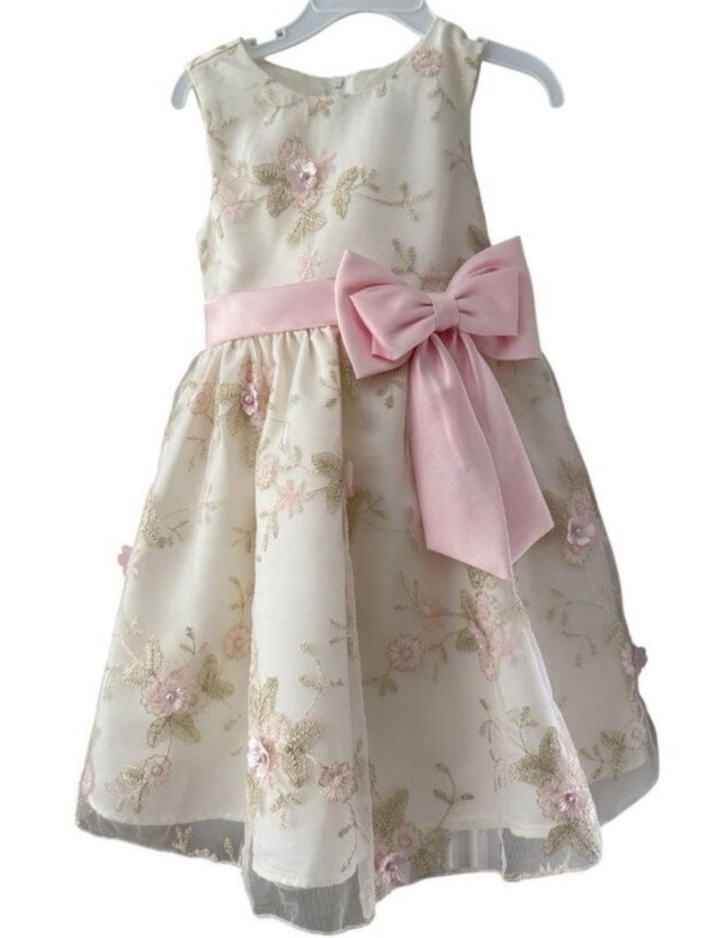NWT Rare Editions Floral Embroidered Organza Formal Dress with Pink Sash Size 4